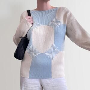 Vintage 100% Wool Intarsia Sweater Embroidered Snow Blue Cream Made In Austria